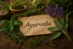 Ervas frescas como lavanda e hortelã em volta de um papel com a palavra Ayurveda