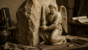 imagem representa uma escultura de um anjo sendo esculpida