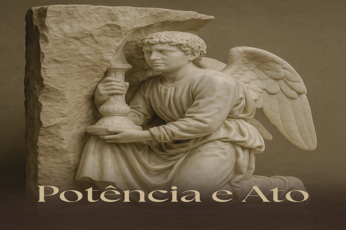 Anjo parcialmente esculpido emergindo de um bloco de mármore, com metade ainda em pedra bruta, inspirado na escultura de Michelangelo e no conceito filosófico de potência e ato.