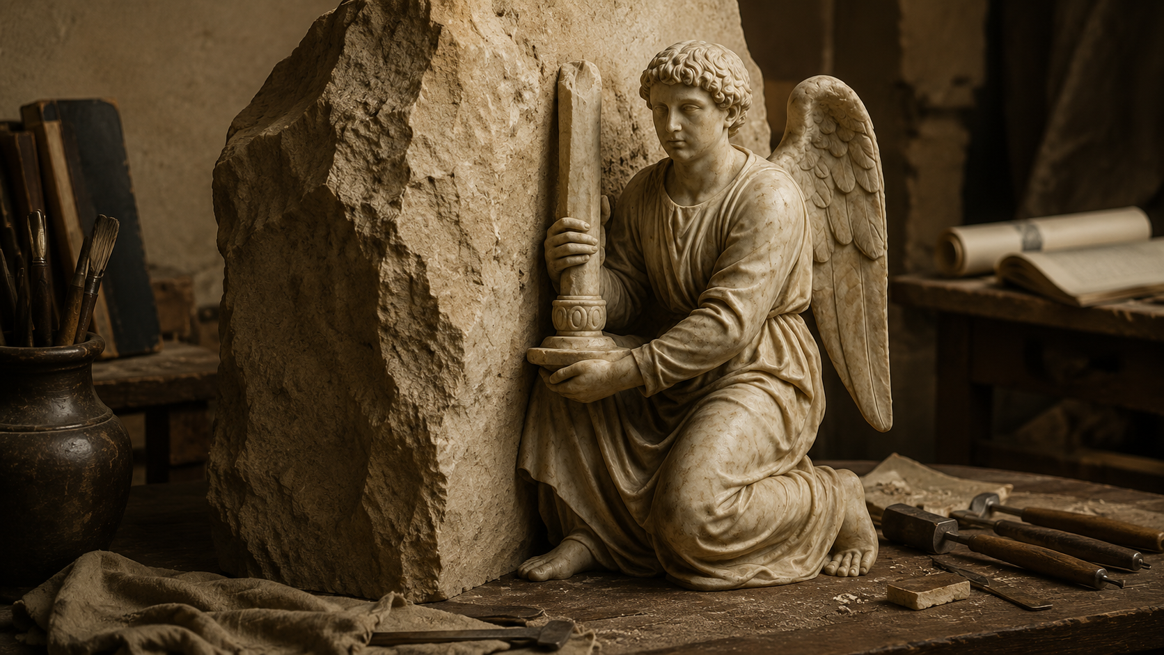 imagem representa uma escultura de um anjo sendo esculpida
