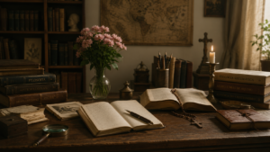 mesa com livros, caderno de anotações e flores